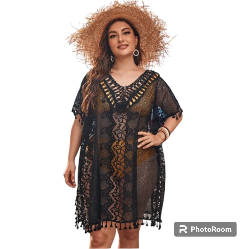 Plus Tassel Trim Crochet Panel Cover Up